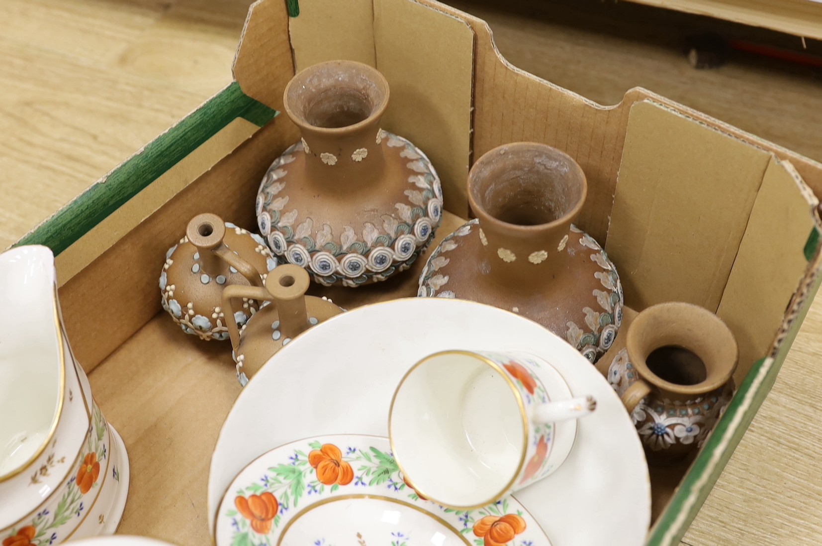 A group of Wedgwood tea wares, a Paris porcelain part tea set, Doulton silicon wares etc., 19th/20th century (two boxes)